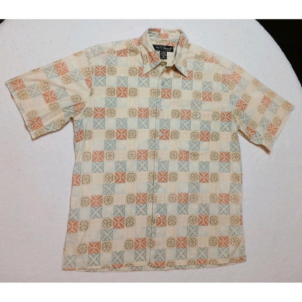 Tori Richard Honolulu Hawaiian Shirt Mens Medium M Geometric Tribal Tile Stretch